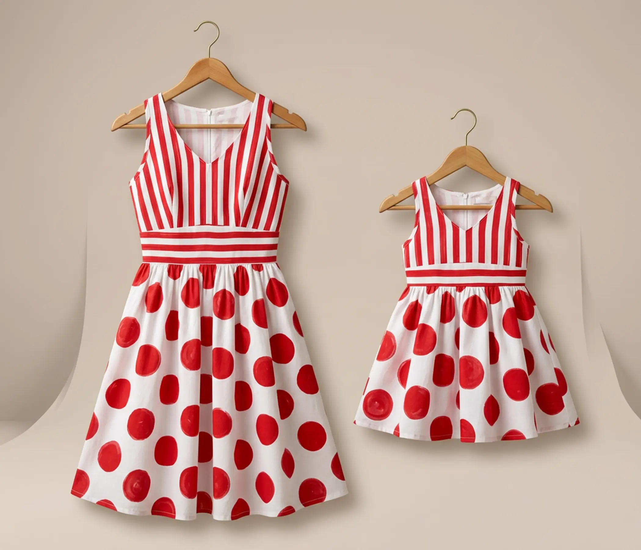 Hand Painted Red and White Polka Dot Mother Daughter Twinning Dress Set